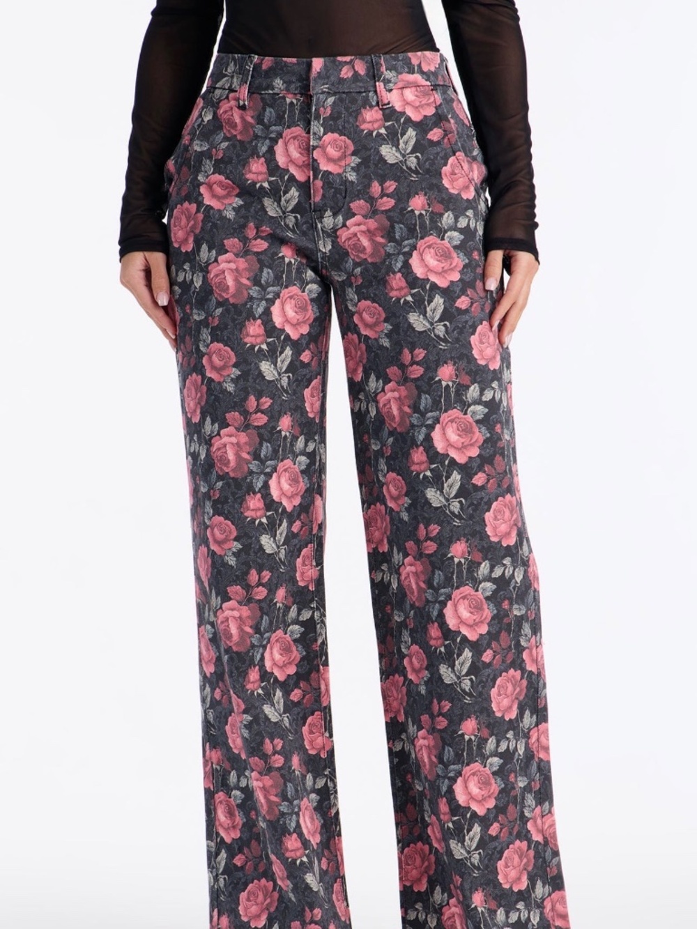 Size 11 🌺Floral Wide Leg Pants for Women – Rose Print High Waist Pants